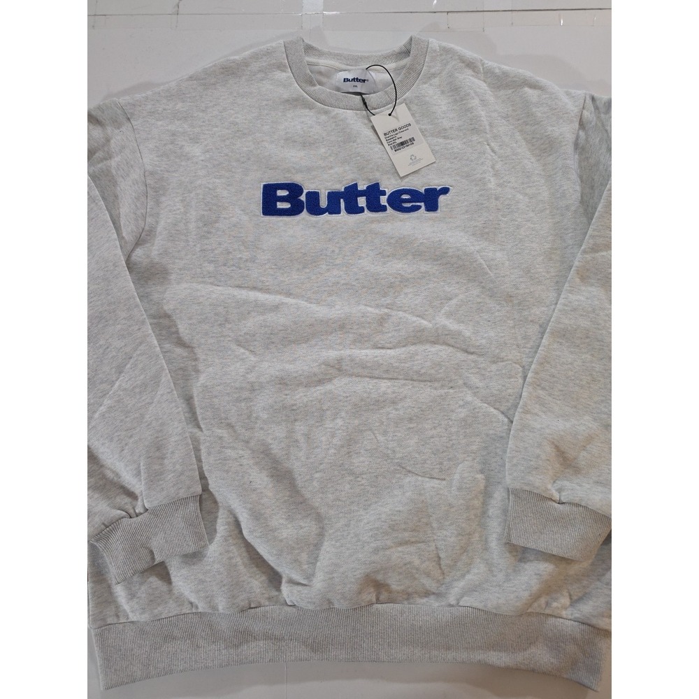 Butter Goods Crewneck Sweatshirt Ash Grey‎ XXL Blue Chenille Logo Applique Skate
